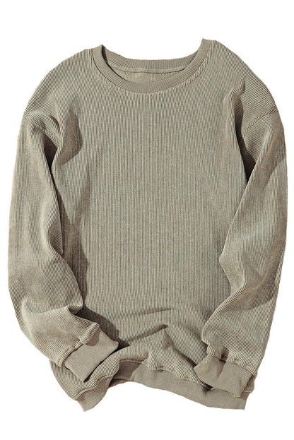 Khaki Solid Ribbed Round Neck Pullover Sweatshirt - The Fair Lady Shop