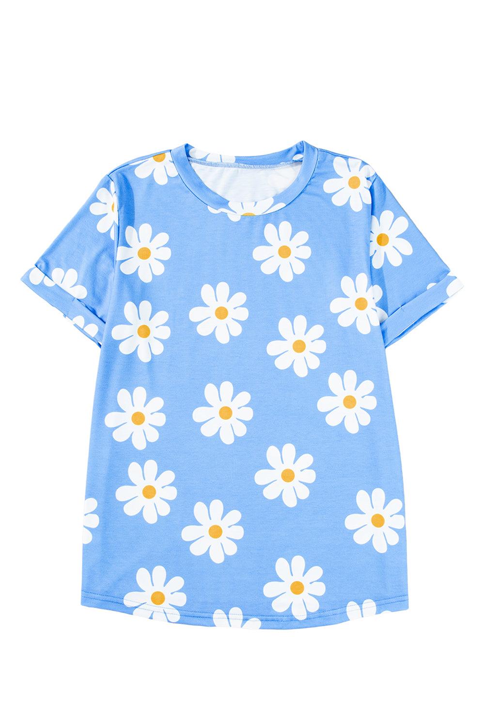 Sky Blue Daisy Print Crewneck T Shirt - The Fair Lady Shop