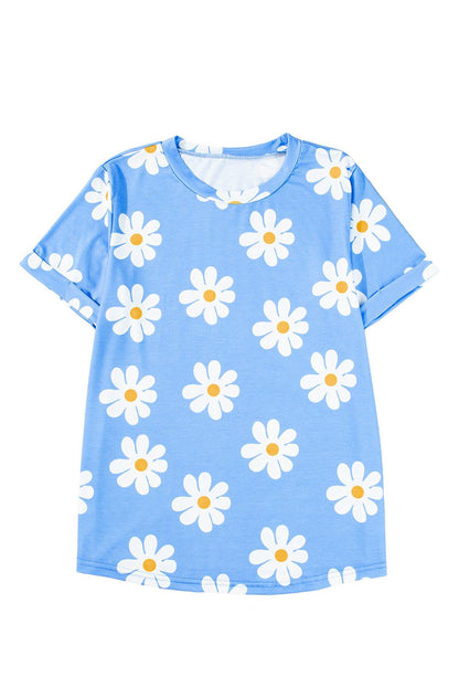 Sky Blue Daisy Print Crewneck T Shirt - The Fair Lady Shop