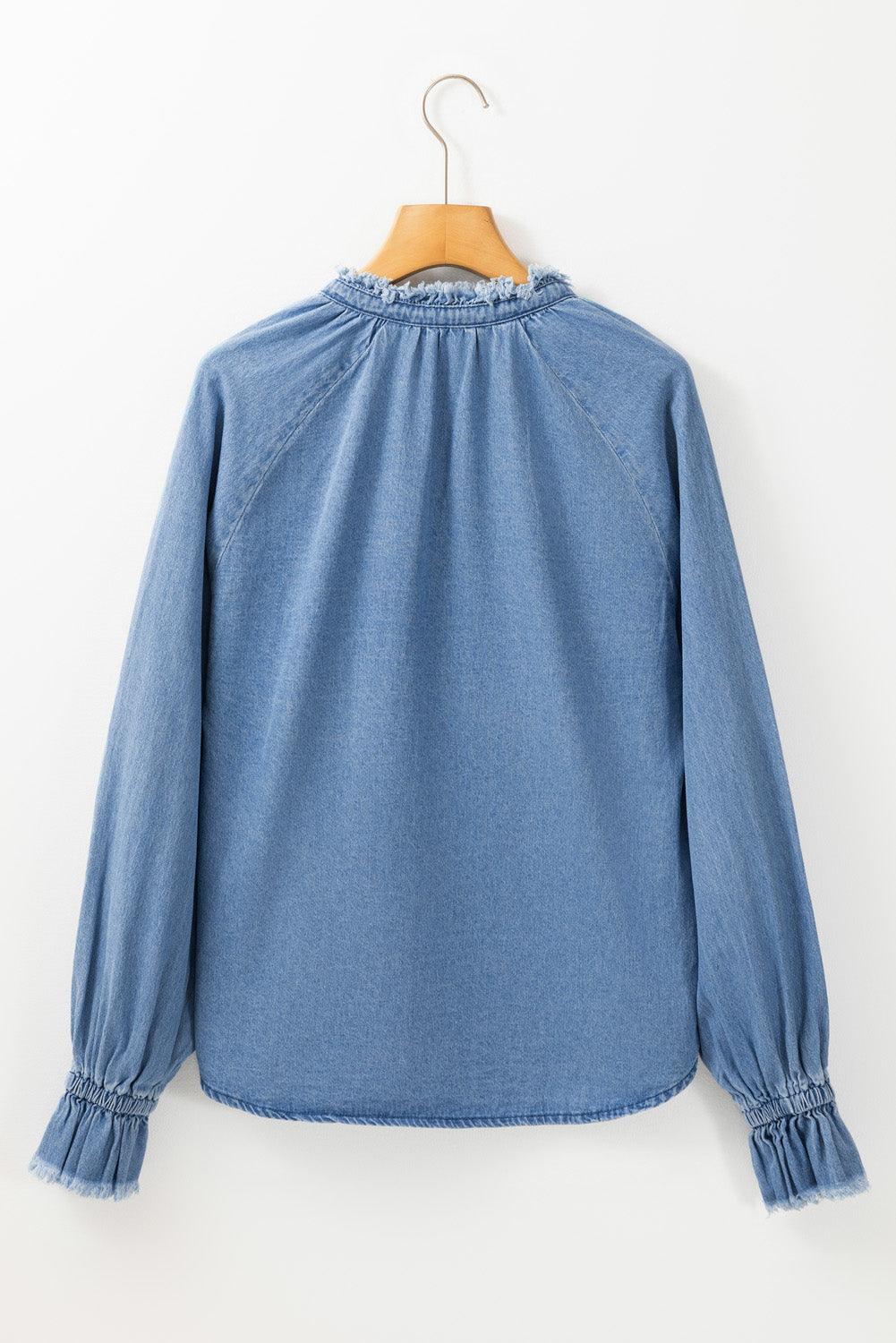 Sky Blue Frilled Raw Hem Half Buttoned Denim Top - The Fair Lady Shop