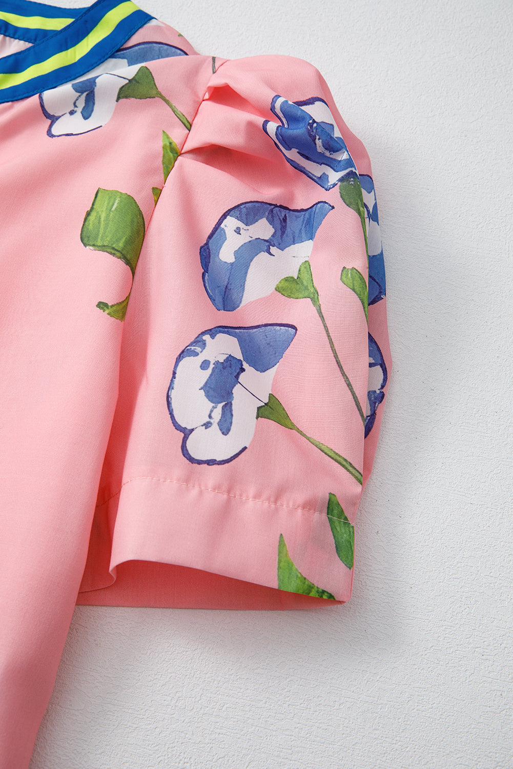 Pink Puff Sleeve Floral Pop of Color Neckline Blouse - The Fair Lady Shop