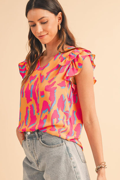 Orange Abstract Print V Neck Ruffled Sleeve Blouse - The Fair Lady Shop