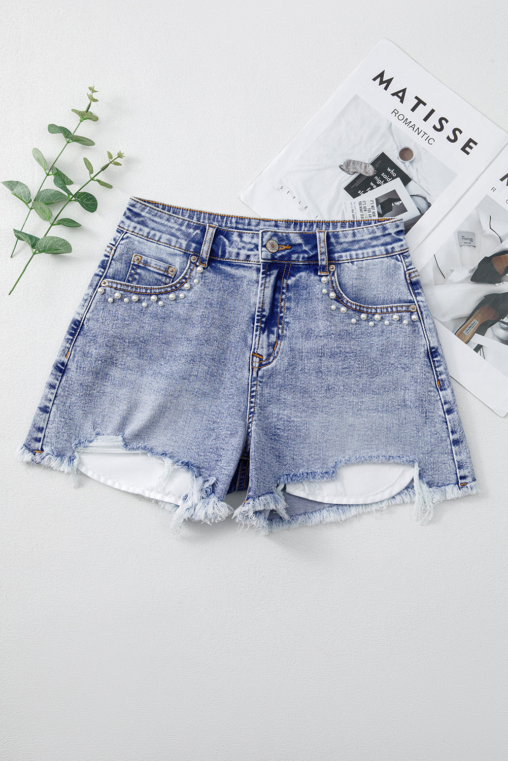 Beau Blue Pearl Studded Pocket Raw Hem Denim Shorts - The Fair Lady Shop