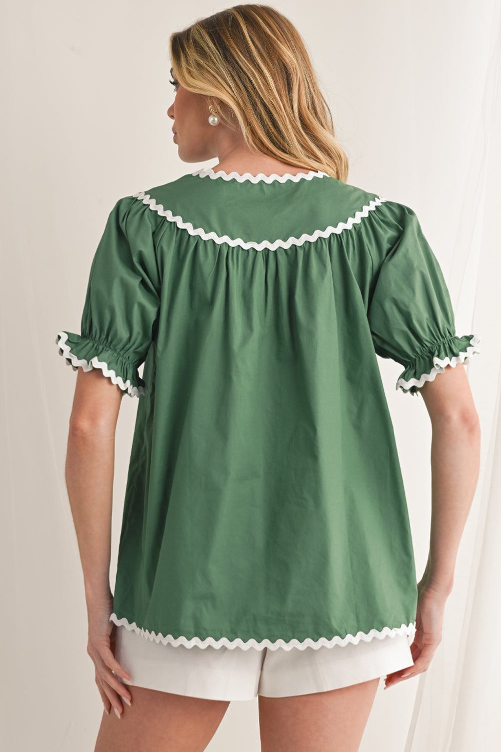 Mist Green V Neck Tie Detail Ricrac Blouse - The Fair Lady Shop