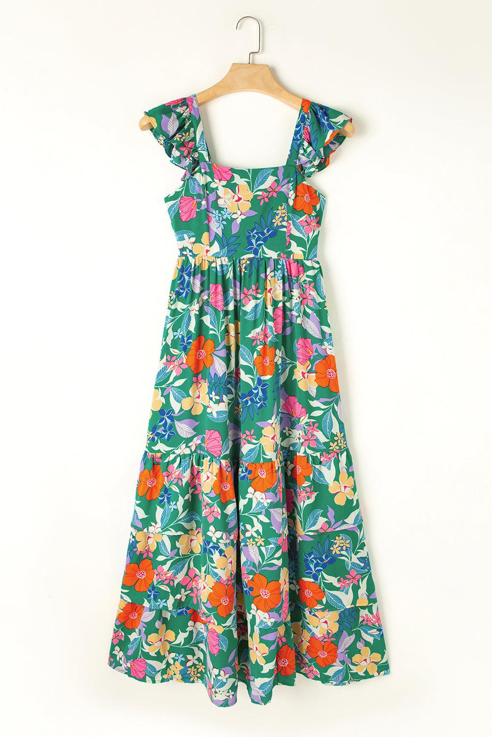 Pink Floral Print Sleeveless Ruffle Tiered Maxi Dress - The Fair Lady Shop