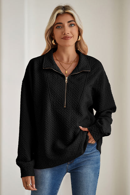 Black Solid Textured Half Zipper Collared Sweatshirt - The Fair Lady Shop