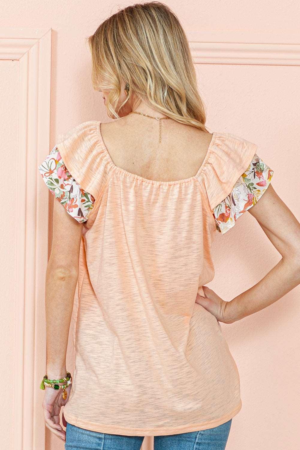 Apricot Pink Floral Print Square Neck Ruffle Sleeve Blouse - The Fair Lady Shop