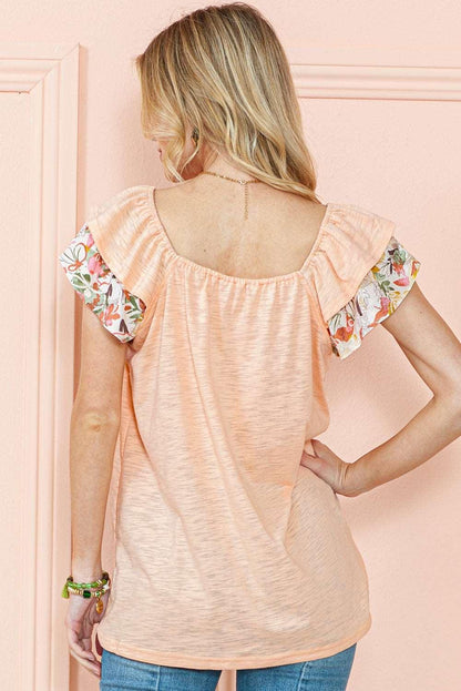 Apricot Pink Floral Print Square Neck Ruffle Sleeve Blouse - The Fair Lady Shop