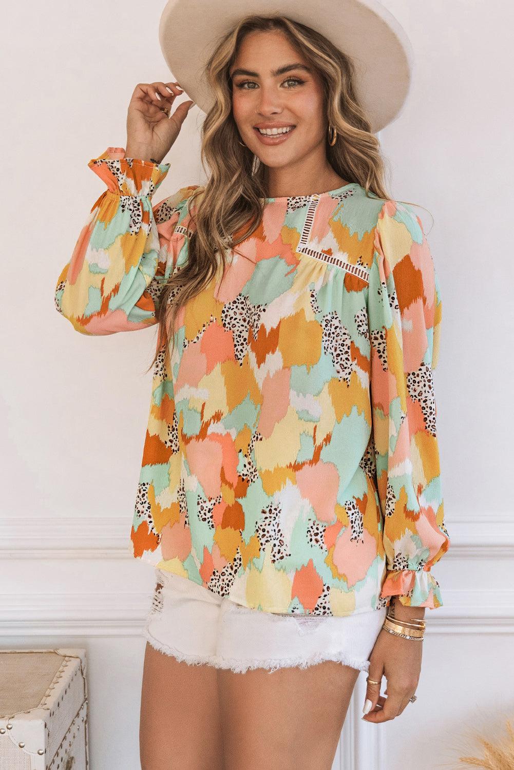 Multicolor Abstract Print Boho Ruffle Puff Sleeve Blouse - The Fair Lady Shop