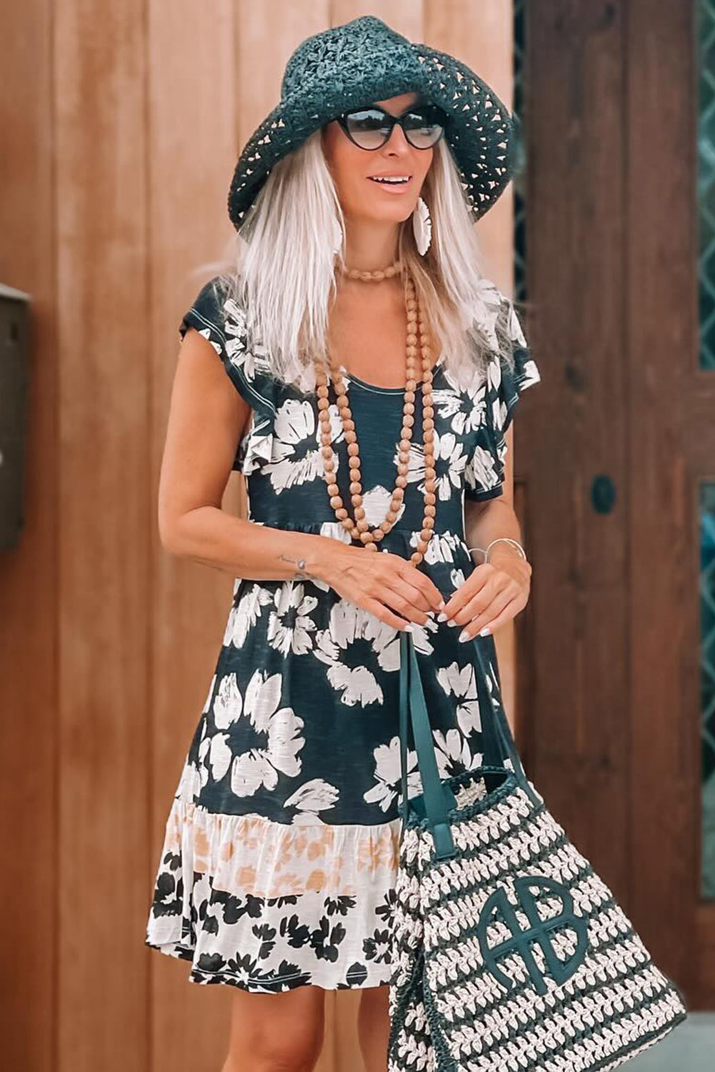 Dark Green Floral Print Ruffle Sleeve Empire Waist Mini Dress - The Fair Lady Shop