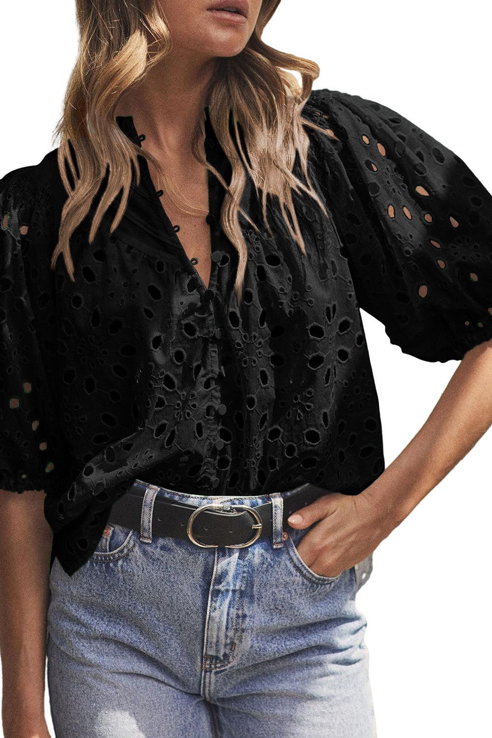Bonbon Hollow-out Flower Embroidered Short Puff Sleeve Blouse - The Fair Lady Shop