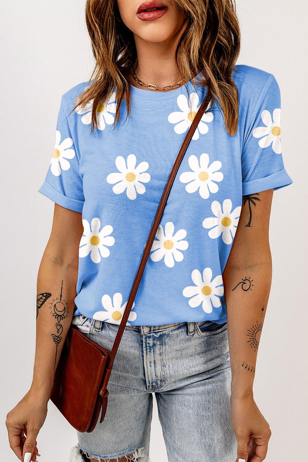 Sky Blue Daisy Print Crewneck T Shirt - The Fair Lady Shop