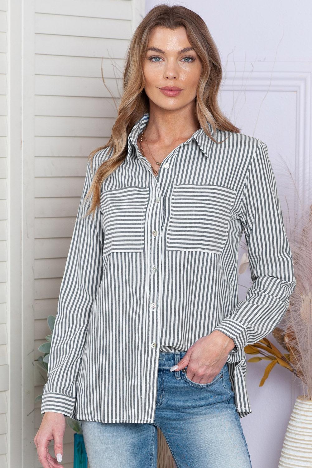 Blue Striped Chic Pockets Roll Up Sleeve Buttons Front Shirt - The Fair Lady Shop