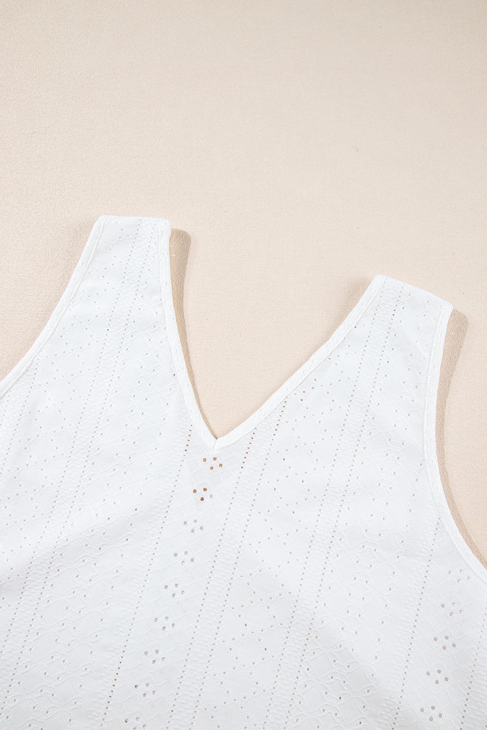 White Plus Size Guipure V Neck Eyelet Lace Tank Top - The Fair Lady Shop