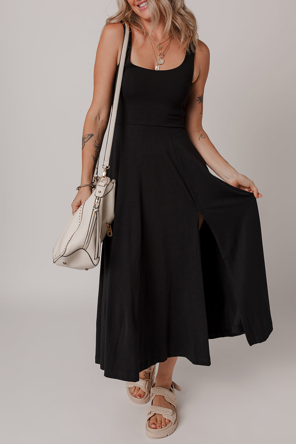 Black Sleeveless Scoop Neck Flared Split Midi Dress - The Fair Lady Shop