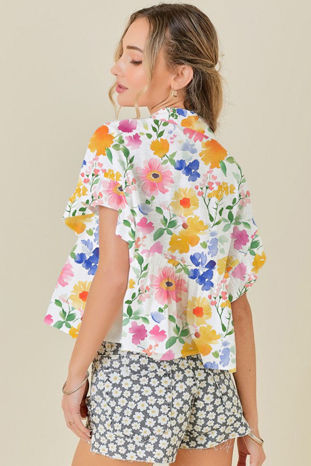 Yellow Allover Floral Print Boxy Fit V Neck Blouse - The Fair Lady Shop