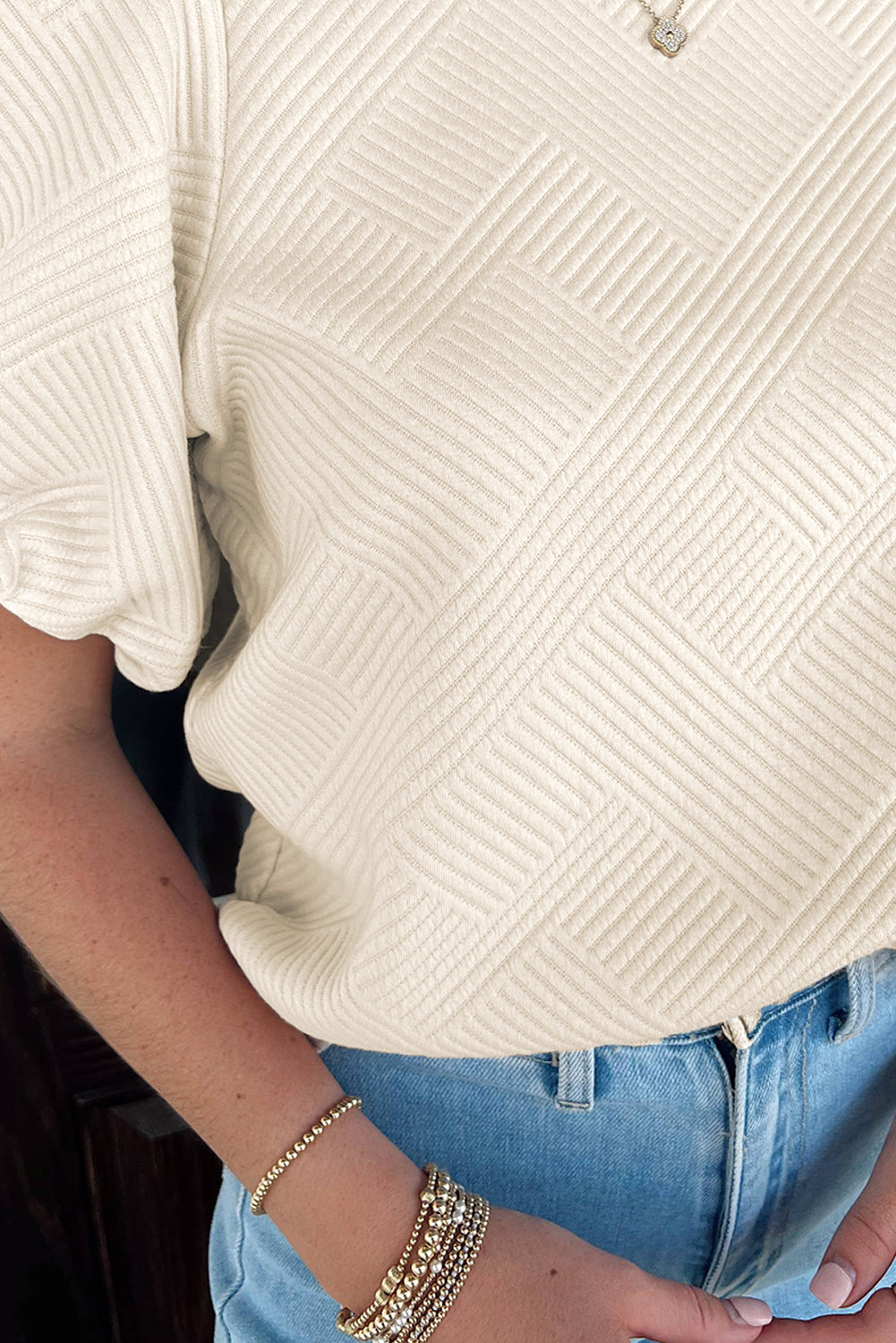 Oatmeal Solid Color Textured Puff Sleeve T-shirt - The Fair Lady Shop