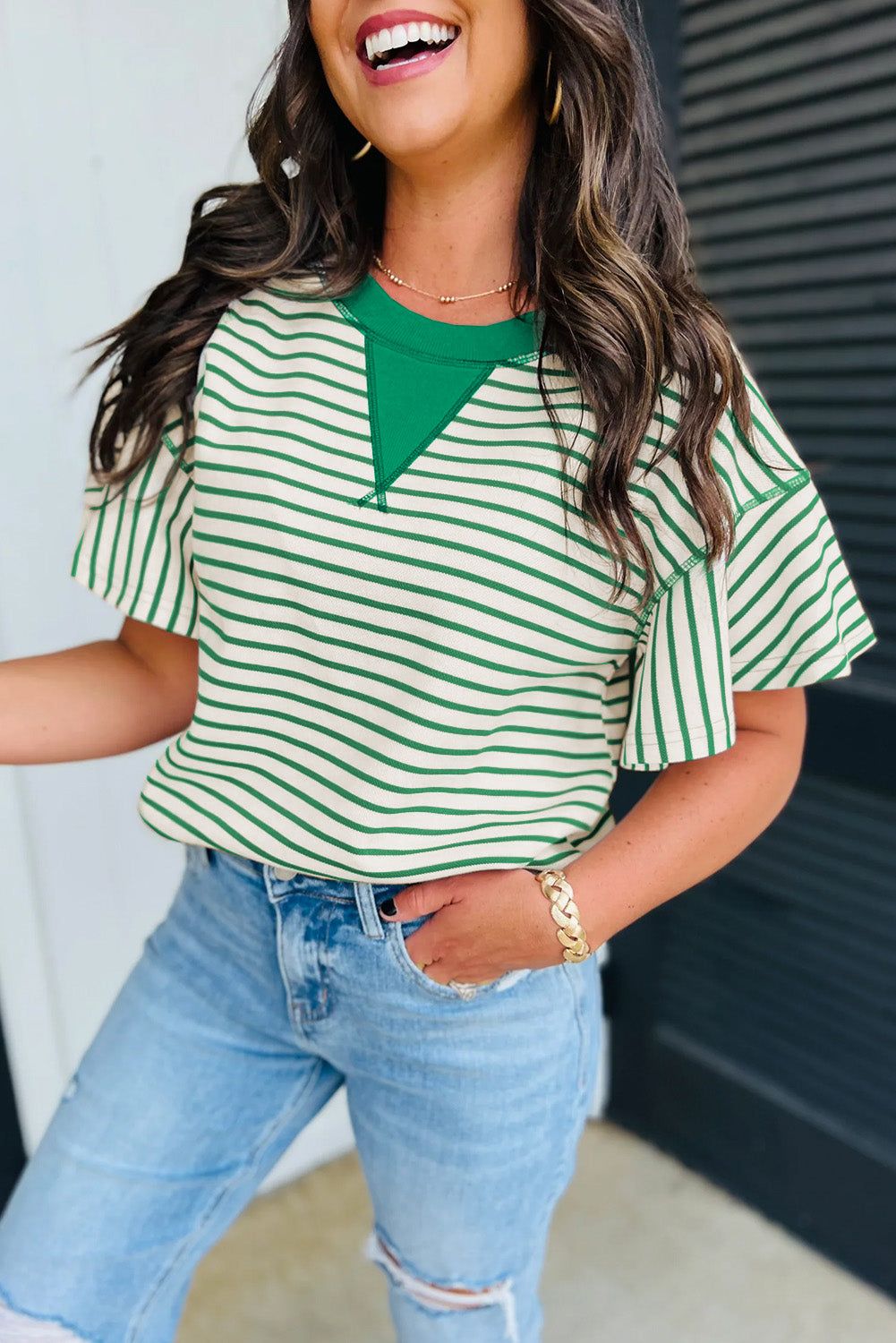 Bright Green Striped Ruffle Sleeve Round Neck Top - The Fair Lady Shop