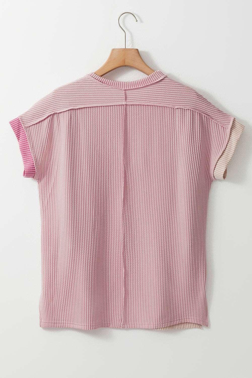 Apricot Pink Colorblock Ribbed Round Neck T Shirt - The Fair Lady Shop