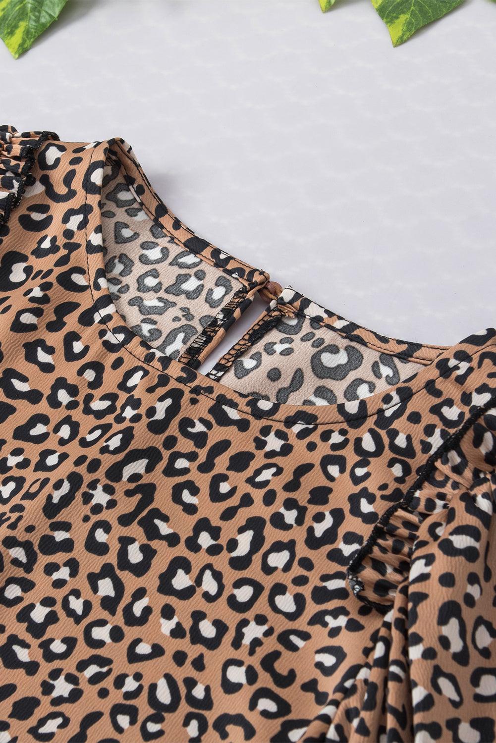 Chestnut Leopard Ruffle Flounce Sleeve Blouse - The Fair Lady Shop