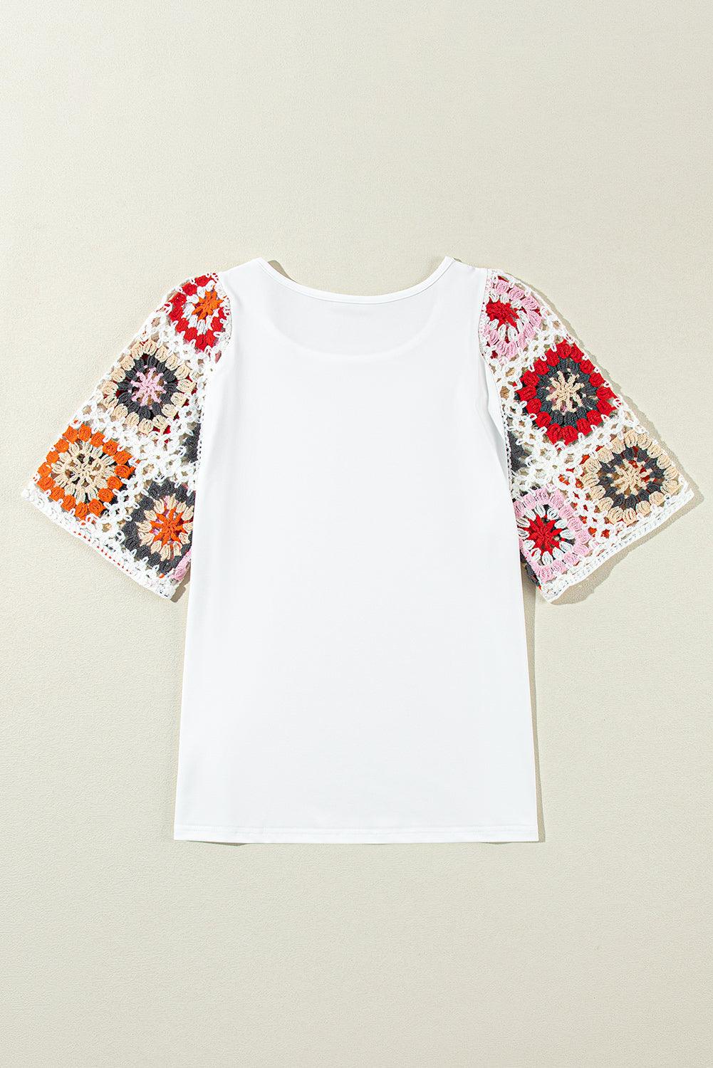 Black Floral Hollowed Crochet Sleeve Boho T Shirt - The Fair Lady Shop