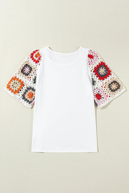 Black Floral Hollowed Crochet Sleeve Boho T Shirt - The Fair Lady Shop