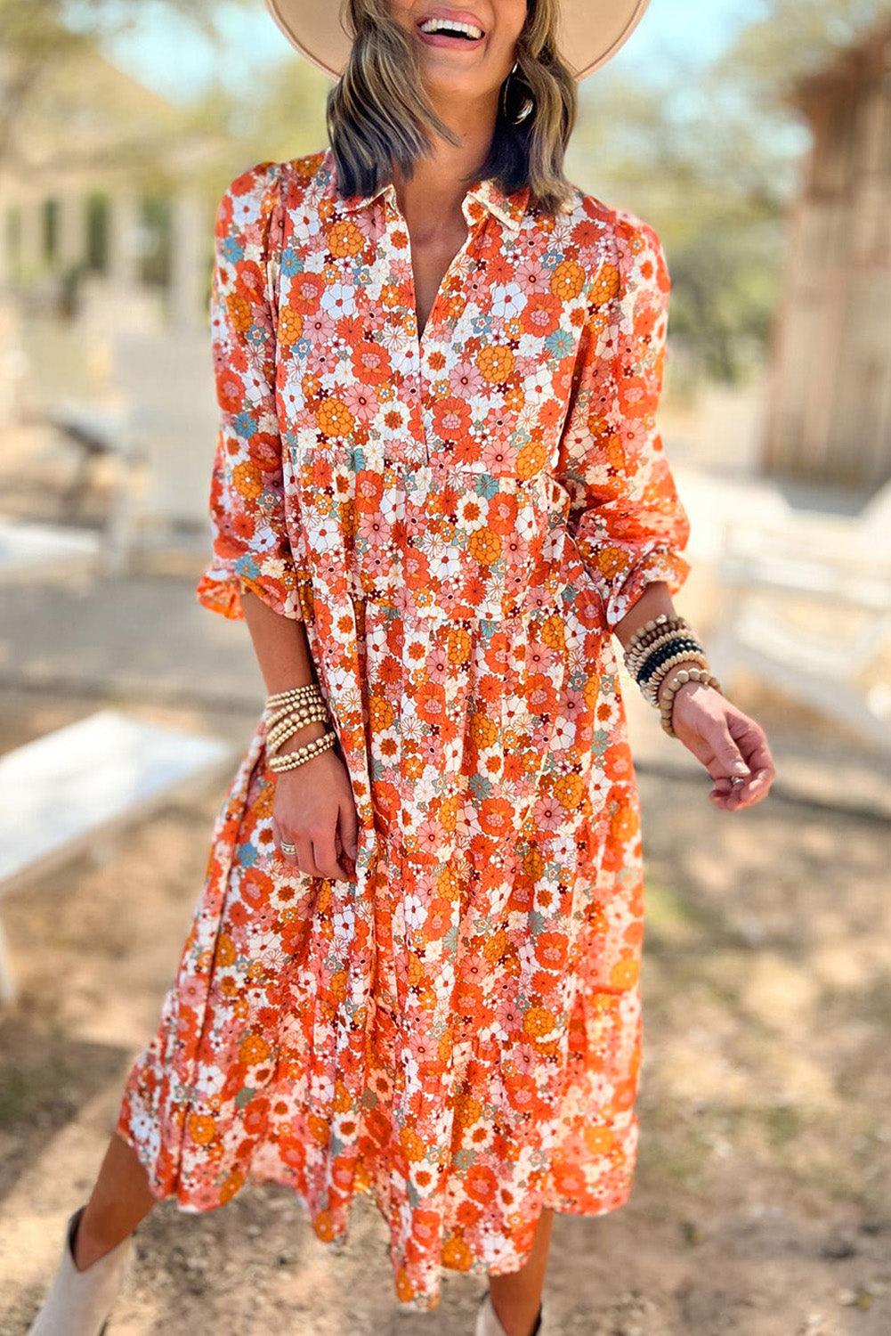 Multicolor Boho Floral Collared Long Sleeve Dress - The Fair Lady Shop