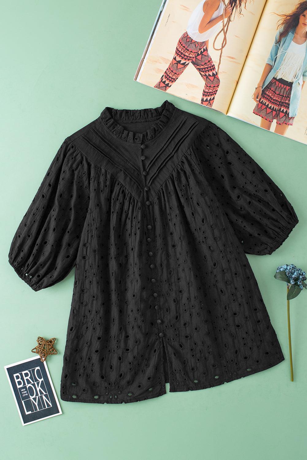 Bonbon Hollow-out Flower Embroidered Short Puff Sleeve Blouse - The Fair Lady Shop