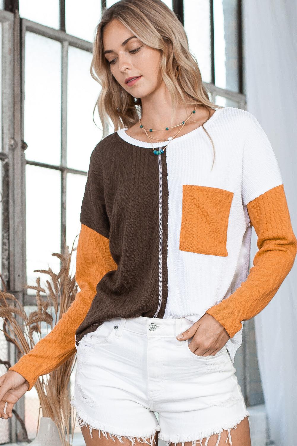 Brown Color Block Textured Chest Pocket Long Sleeve Top - The Fair Lady Shop