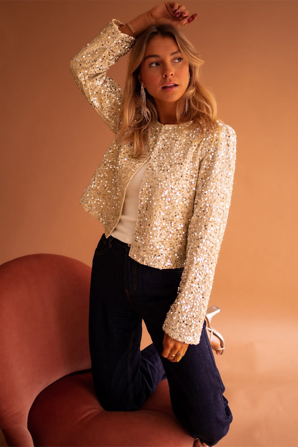 Golden Fleece Sequin Open Front Collarless Jacket - The Fair Lady Shop