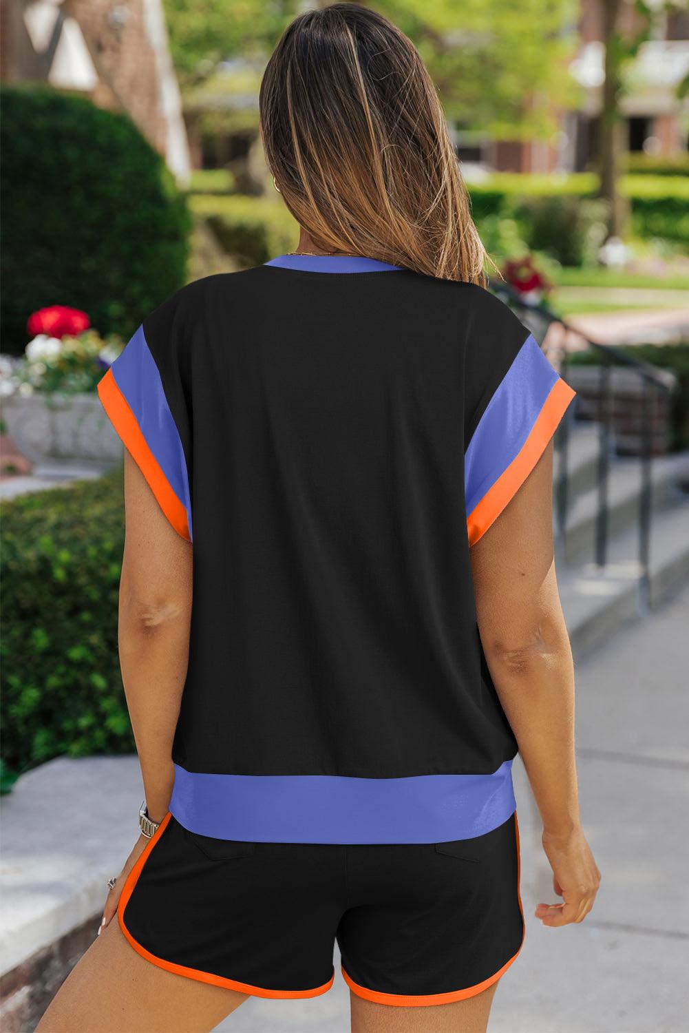 Peach Blossom Color Block Loose Fit Top & Elastic Waist Shorts Set - The Fair Lady Shop