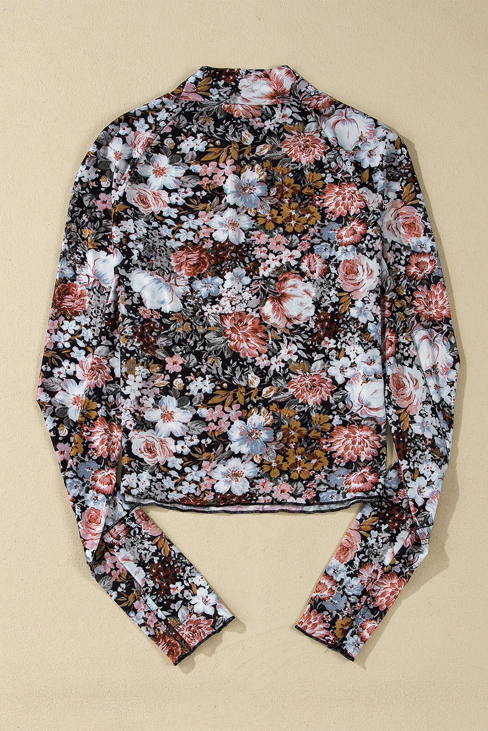 Brown Floral Print Mesh Mock Neck Slim Top - The Fair Lady Shop