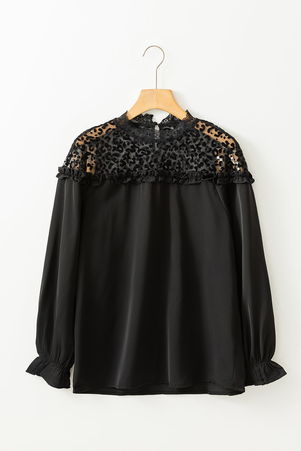 Black Leopard Sheer Splicing Lace Neck Ruffle Blouse - The Fair Lady Shop