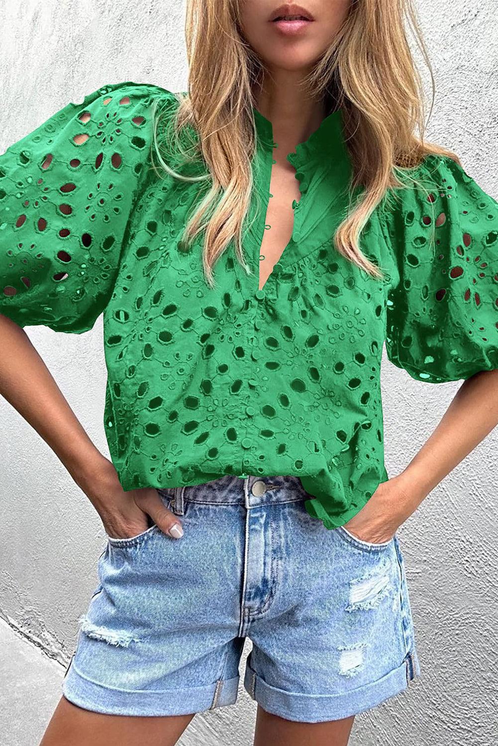 Bonbon Hollow-out Flower Embroidered Short Puff Sleeve Blouse - The Fair Lady Shop