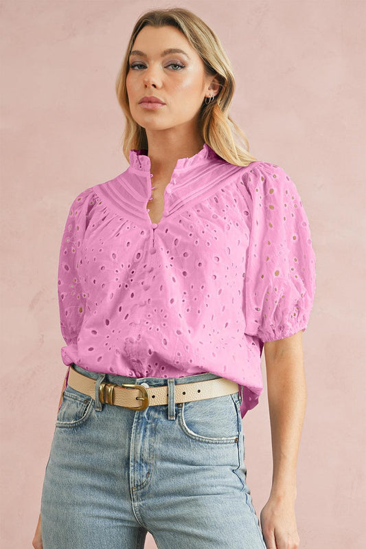 Bonbon Hollow-out Flower Embroidered Short Puff Sleeve Blouse - The Fair Lady Shop