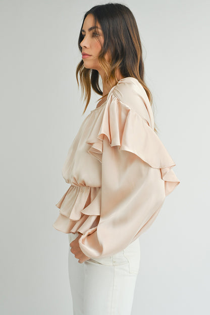 Oatmeal Elegant Satin Ruffle Long Sleeve Blouse - The Fair Lady Shop