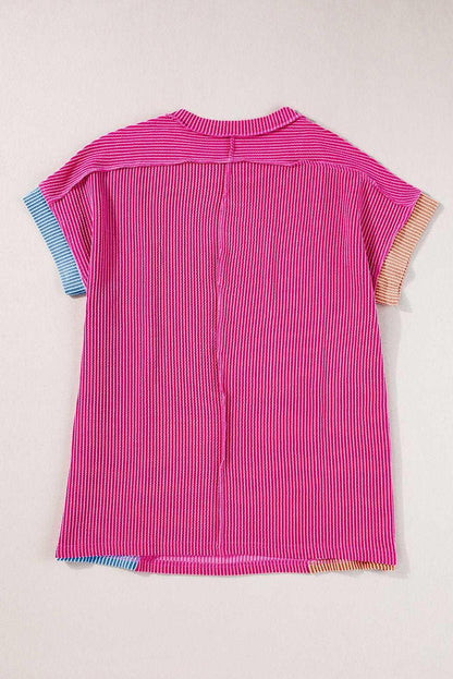 Apricot Pink Colorblock Ribbed Round Neck T Shirt - The Fair Lady Shop