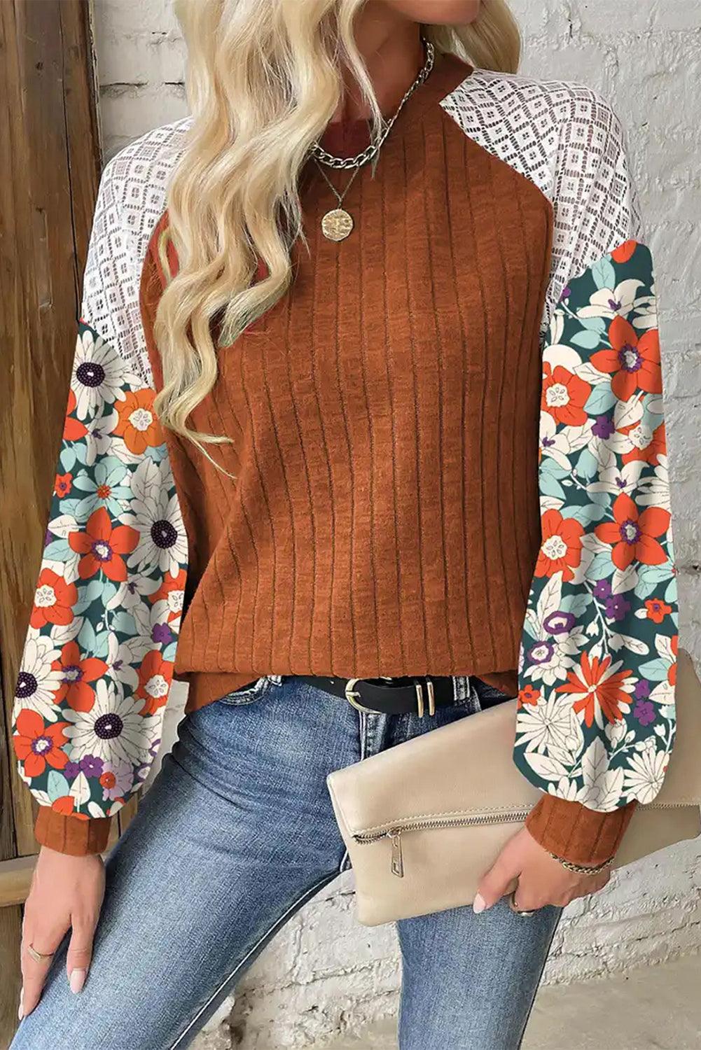 Laurel Green Floral Patchwork Raglan Sleeve Ribbed Blouse - The Fair Lady Shop