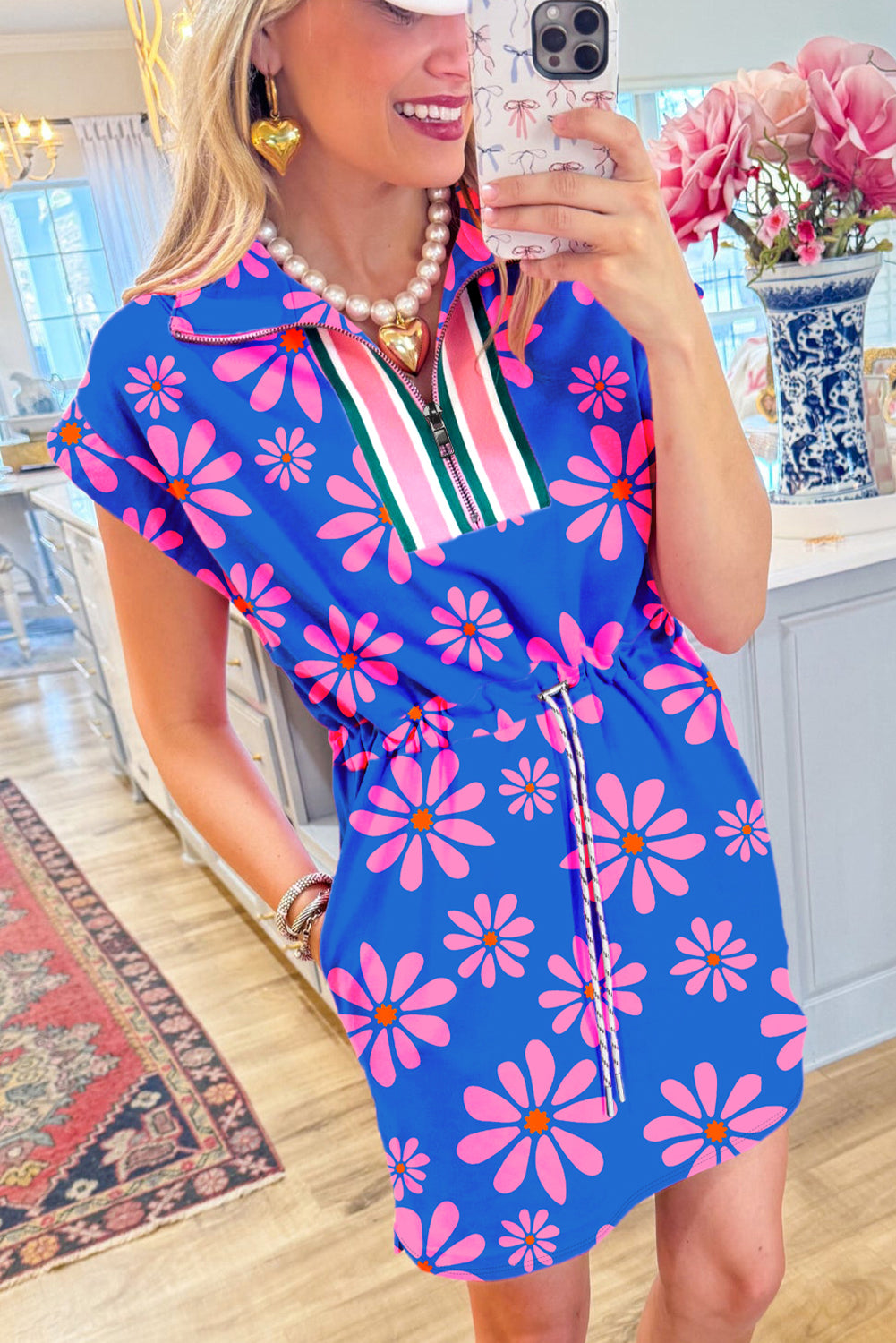 Purple Pop of Color Quarter Zip Collar Drawstring Waist Floral Mini Dress - The Fair Lady Shop