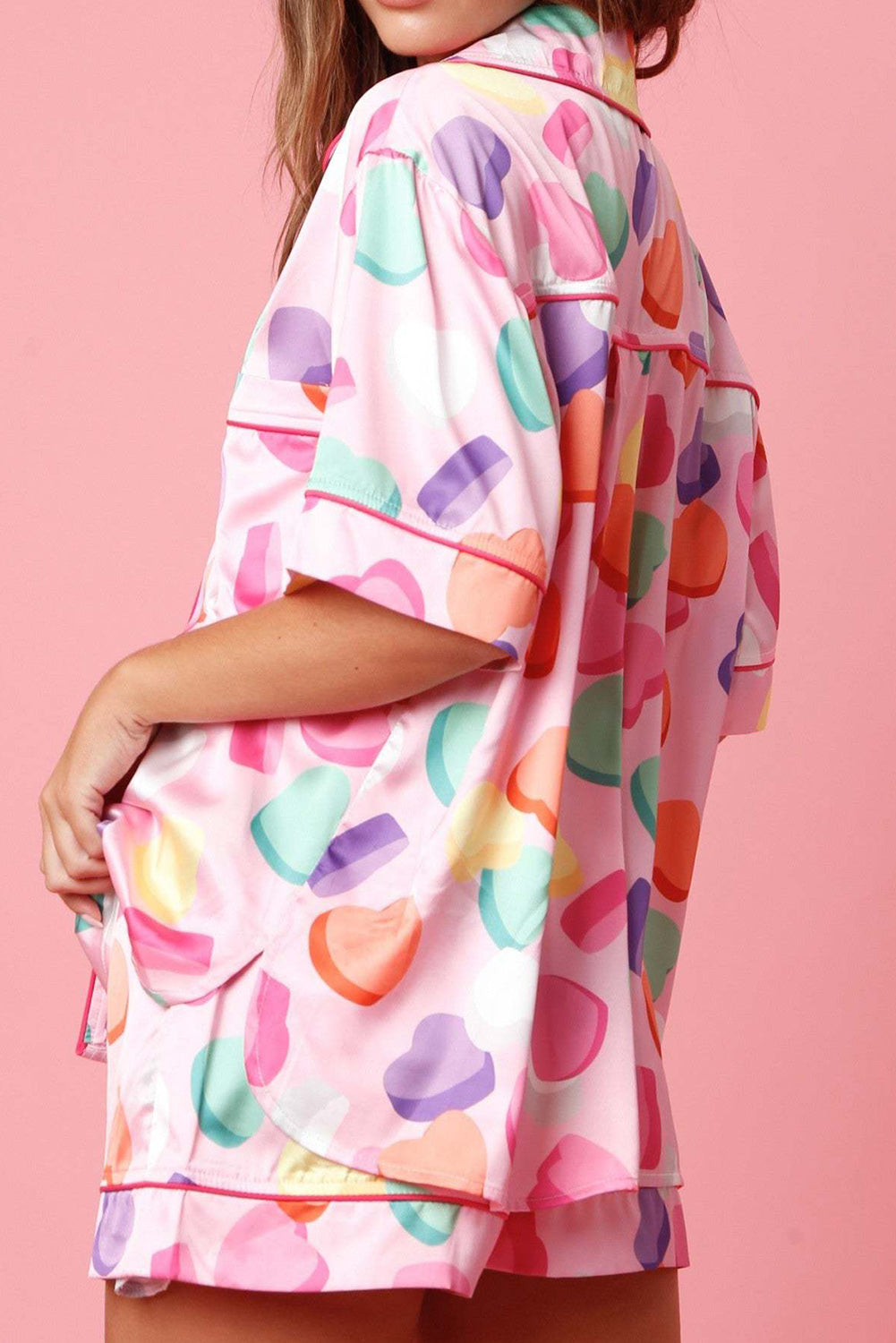 Pink Full Heart Pattern Shirt and Shorts Satin Pajama Set - The Fair Lady Shop