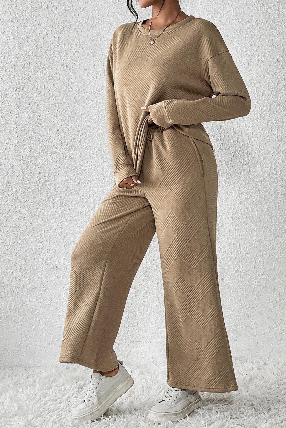 Dark Brown Textured Loose Slouchy Long Sleeve Top and Pants Set - The Fair Lady Shop