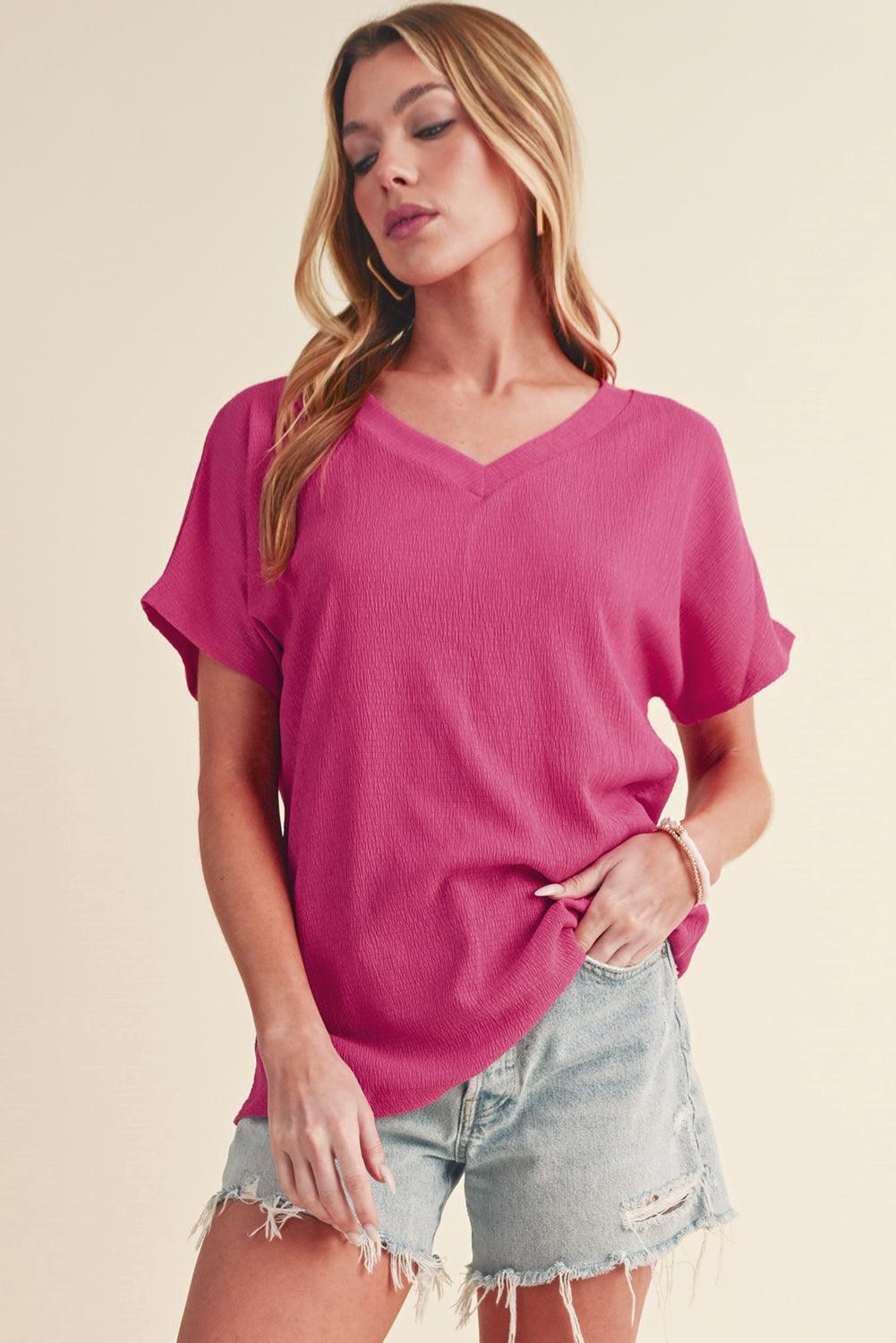Blue Plain Crinkled V Neck Flounce Sleeve T Shirt - The Fair Lady Shop