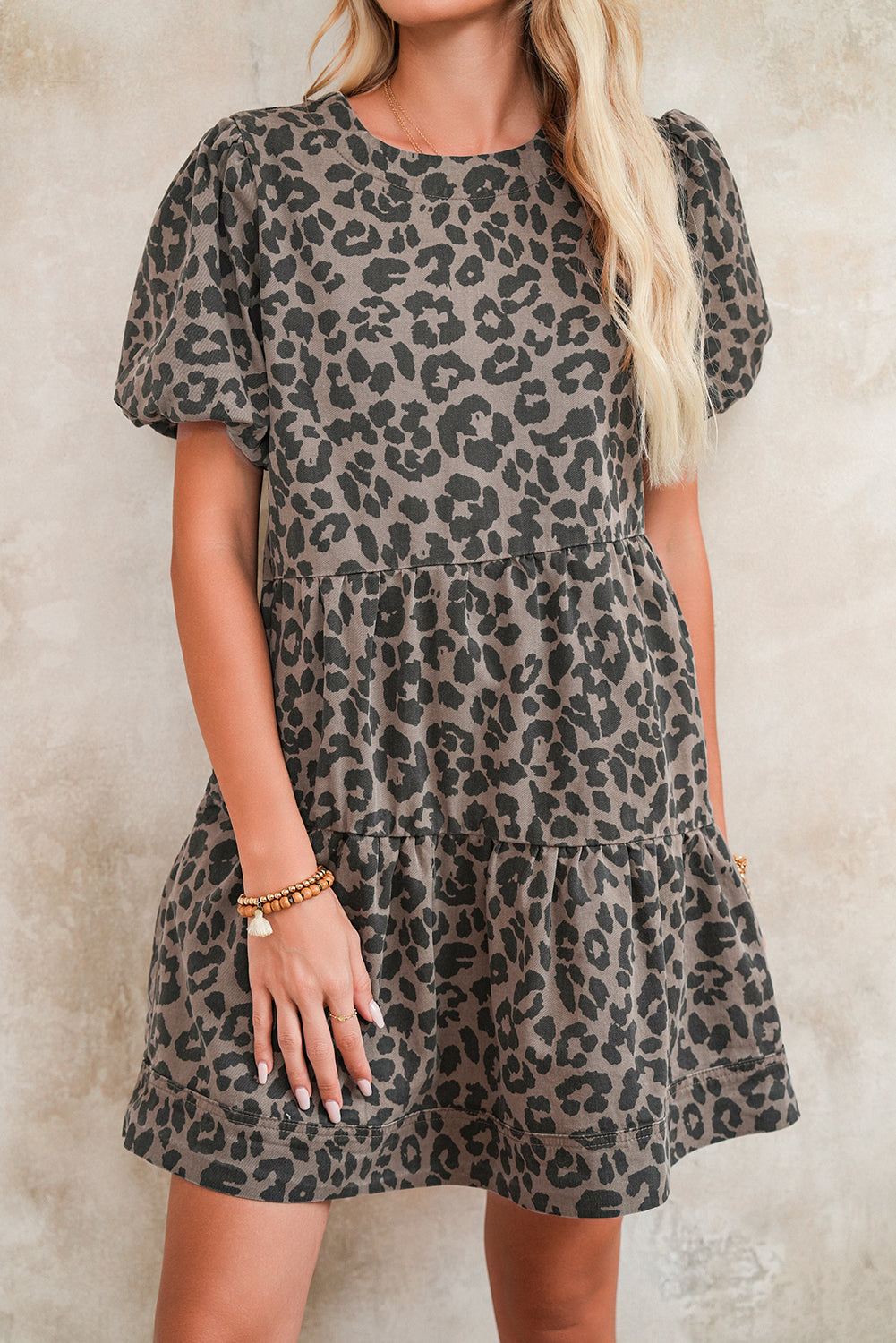 Brown Leopard Print Short Sleeve Flared Denim Mini Dress