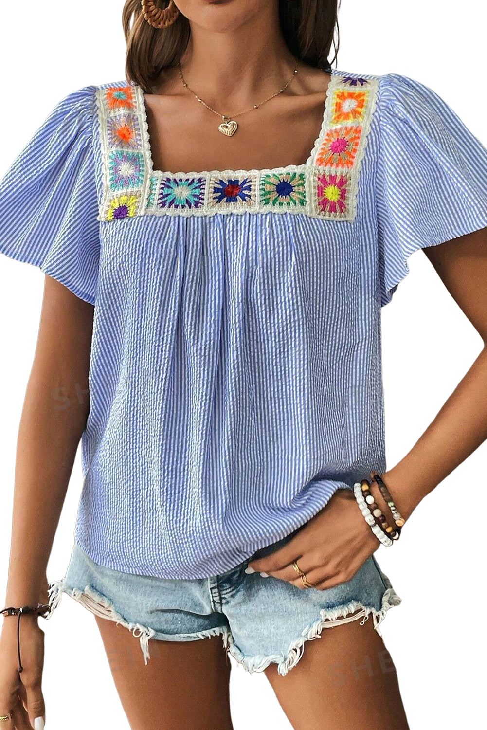 Sky Blue Striped Crochet Applique Boho Blouse - The Fair Lady Shop