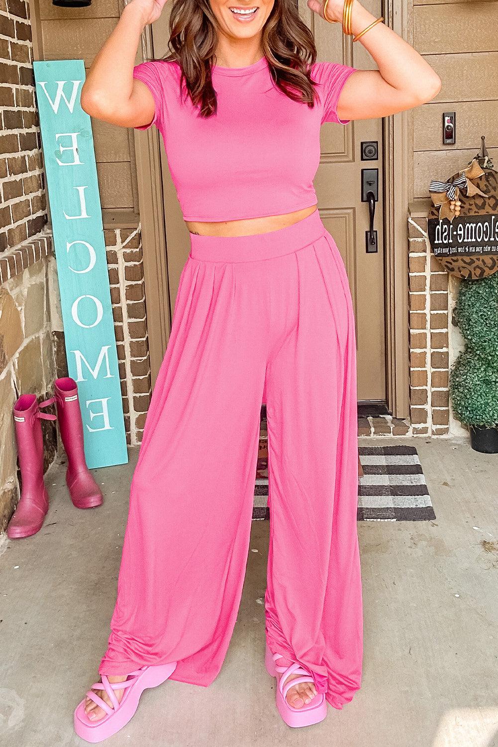 Strawberry Pink Plain Slim Fit Crop Top And Wide Leg Pants Set - The Fair Lady Shop