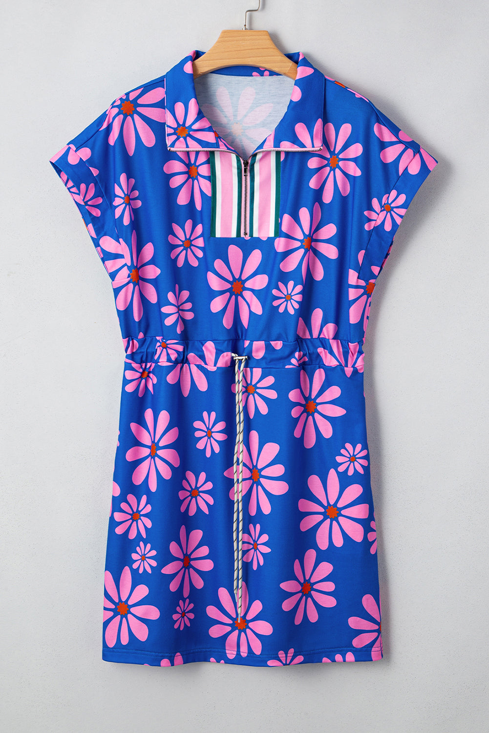 Purple Pop of Color Quarter Zip Collar Drawstring Waist Floral Mini Dress - The Fair Lady Shop