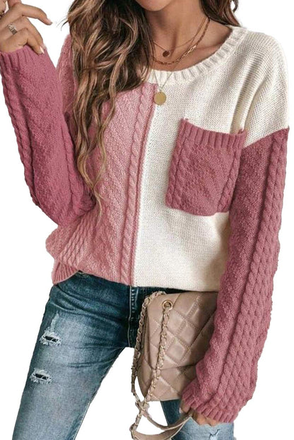 Rose Tan Colorblock Pocket Drop Shoulder Sweater - The Fair Lady Shop