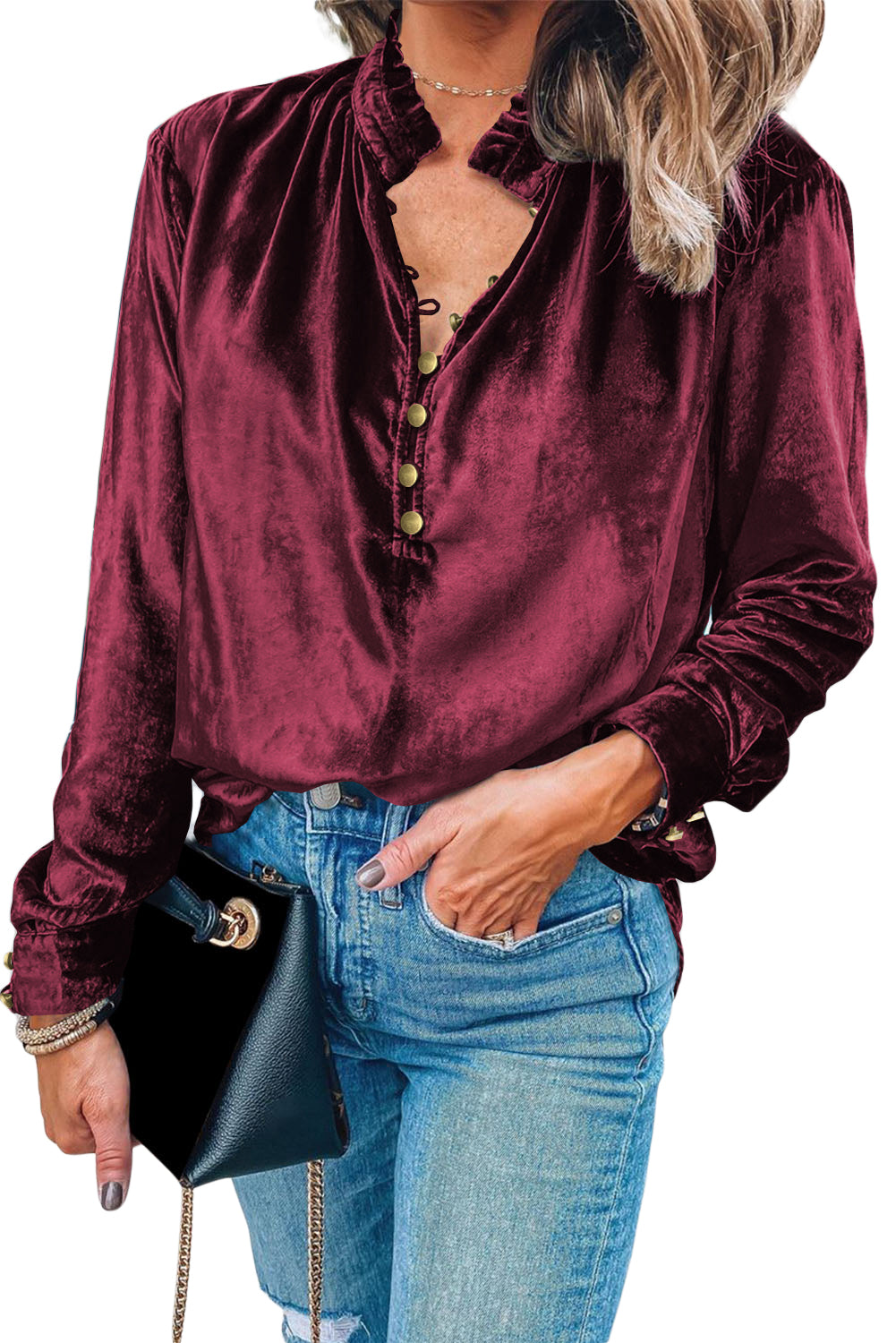 Red Frilled Buttoned V Neck Velvet Blouse - The Fair Lady Shop