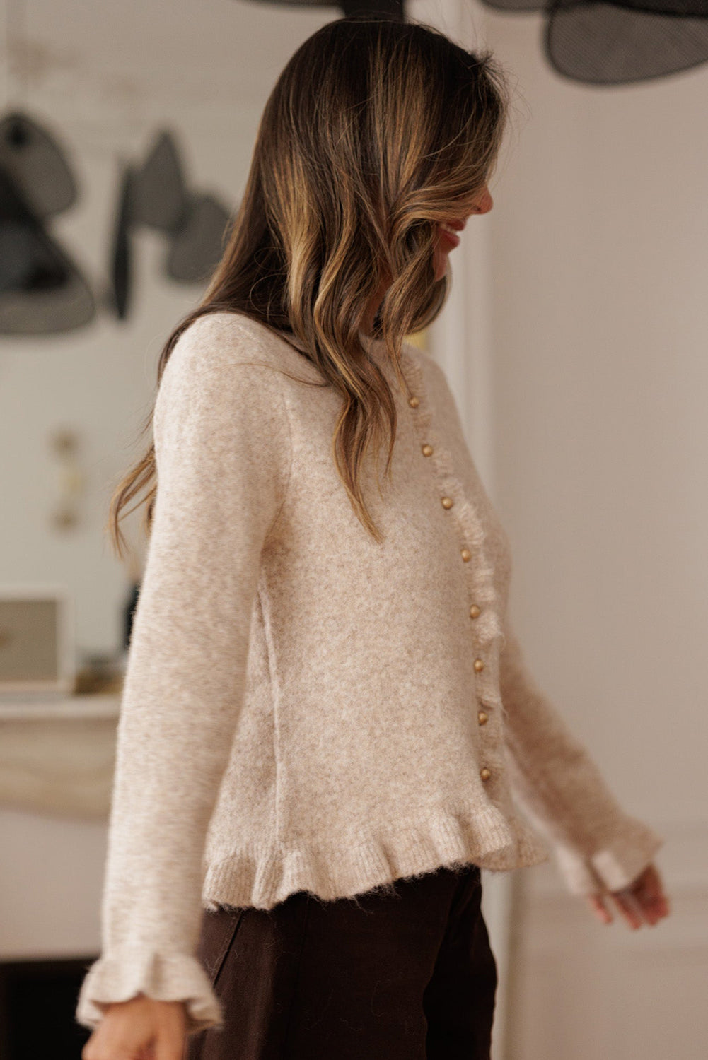 Oatmeal Ruffle Trim Gold Button Sweater Cardigan