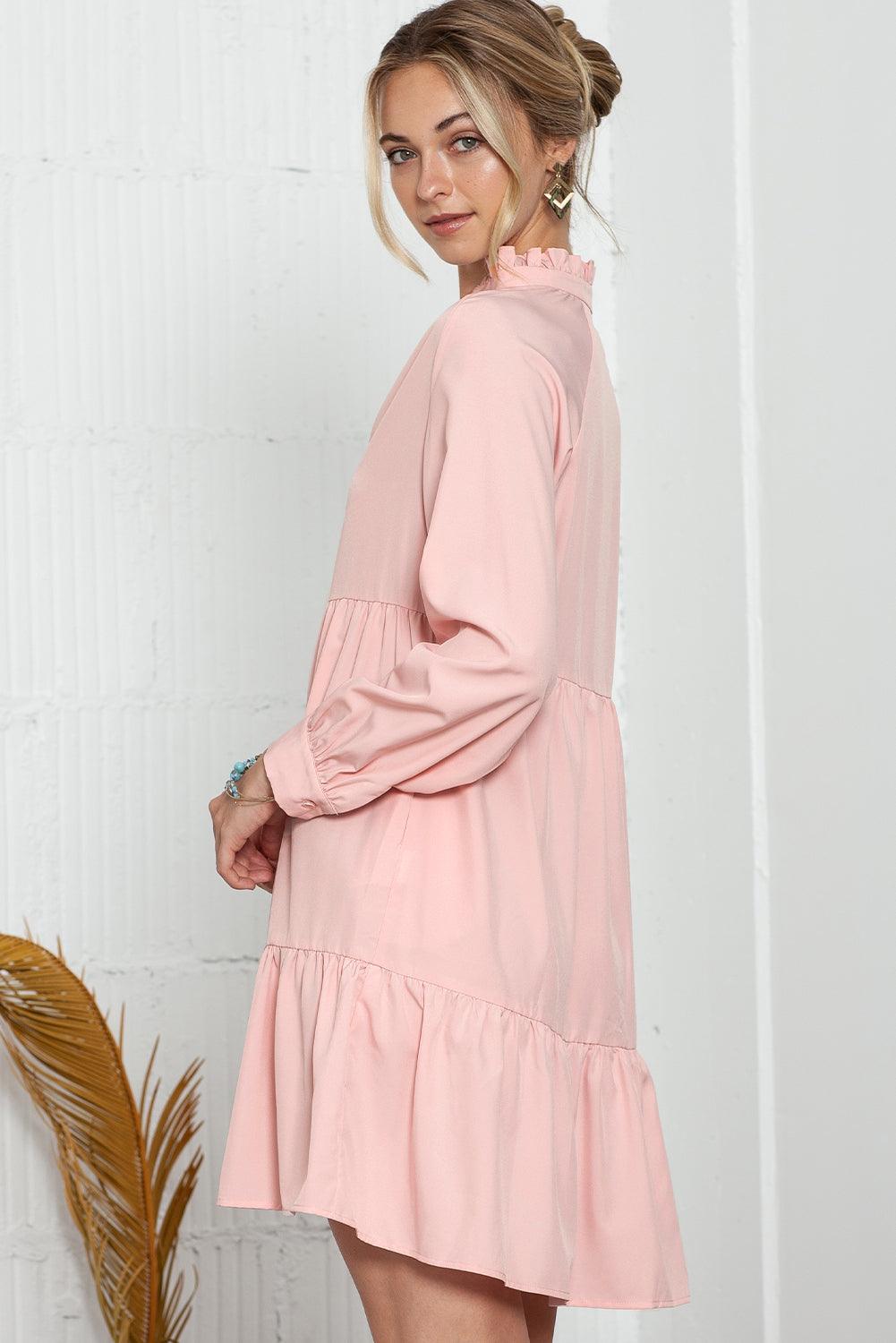 Pink Casual Stand V Neck Short Frill Dress - The Fair Lady Shop
